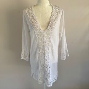 La Blanca White Crochet Trim Tunic Coverup Size L Resort Beach
